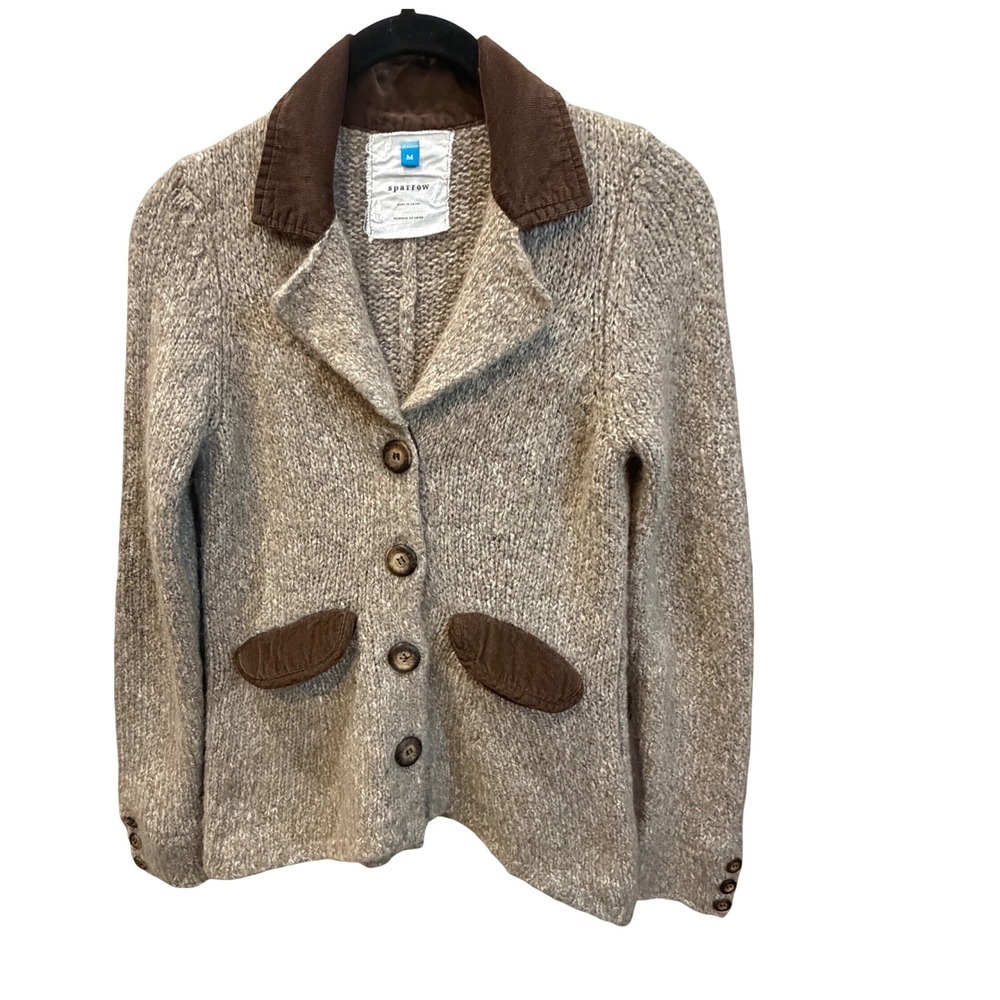 Sparrow Anthropologie Wool Blend Cardigan Sweater Corduroy Elbow Patch Beige M